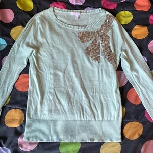 Teal Sequin Bow Sweater